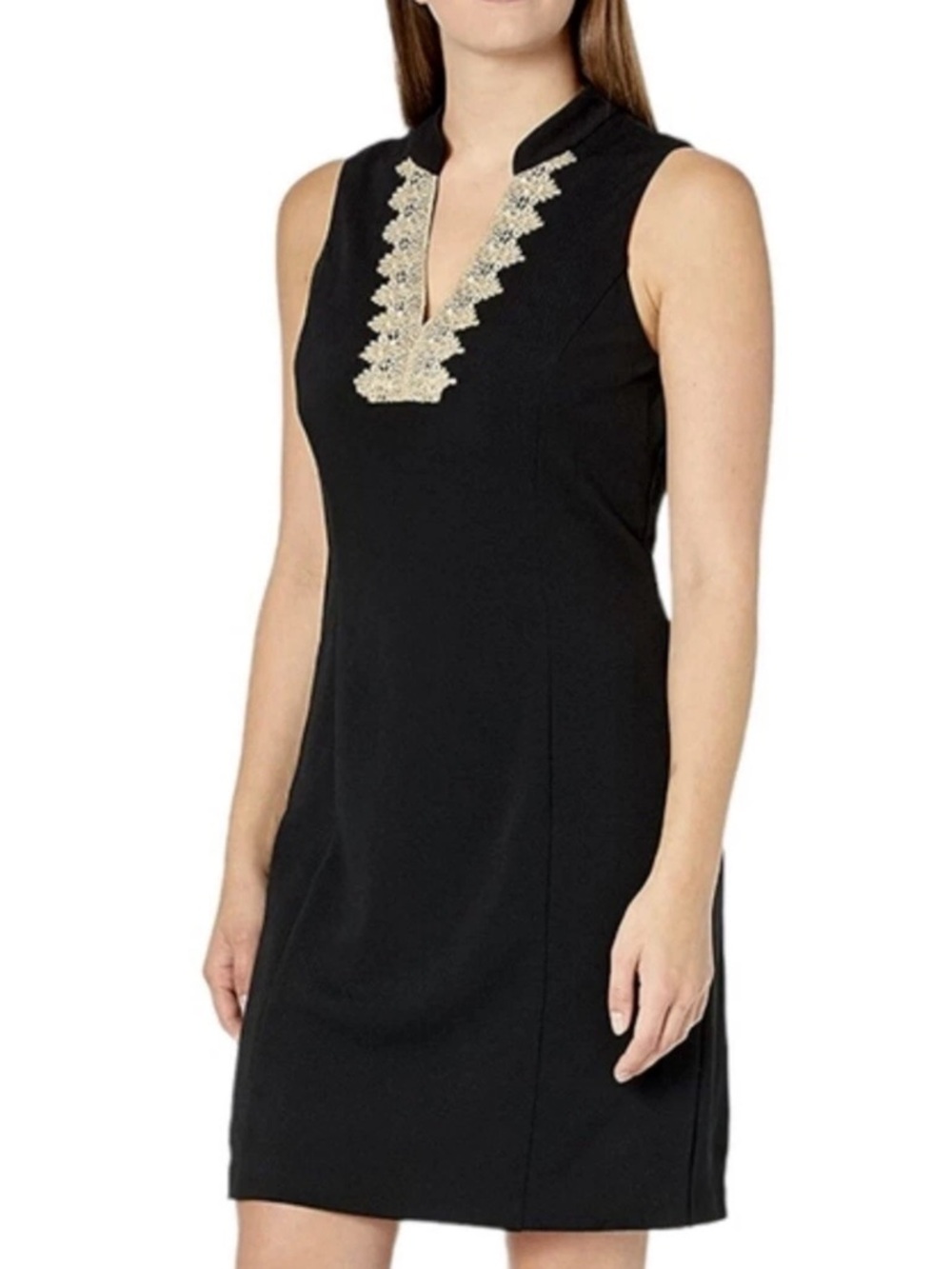 NWT Pappagallo Black Shift Dress 14 Gold Embroidered Trim Career Cocktail Dress